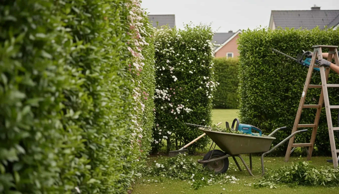 Hyggeligt foto af en 3 m høj spirea- og ligusterhæk netop klippet med opsamlede afklip i en trillebør.
