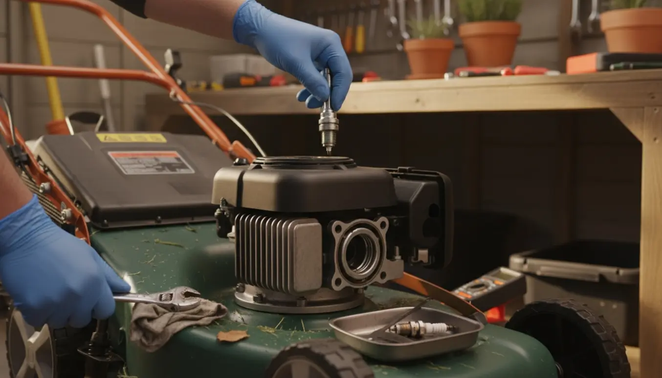 Nærbillede af hænder, der arbejder med tændrøret på en græsslåmaskines motor i en lys garage.