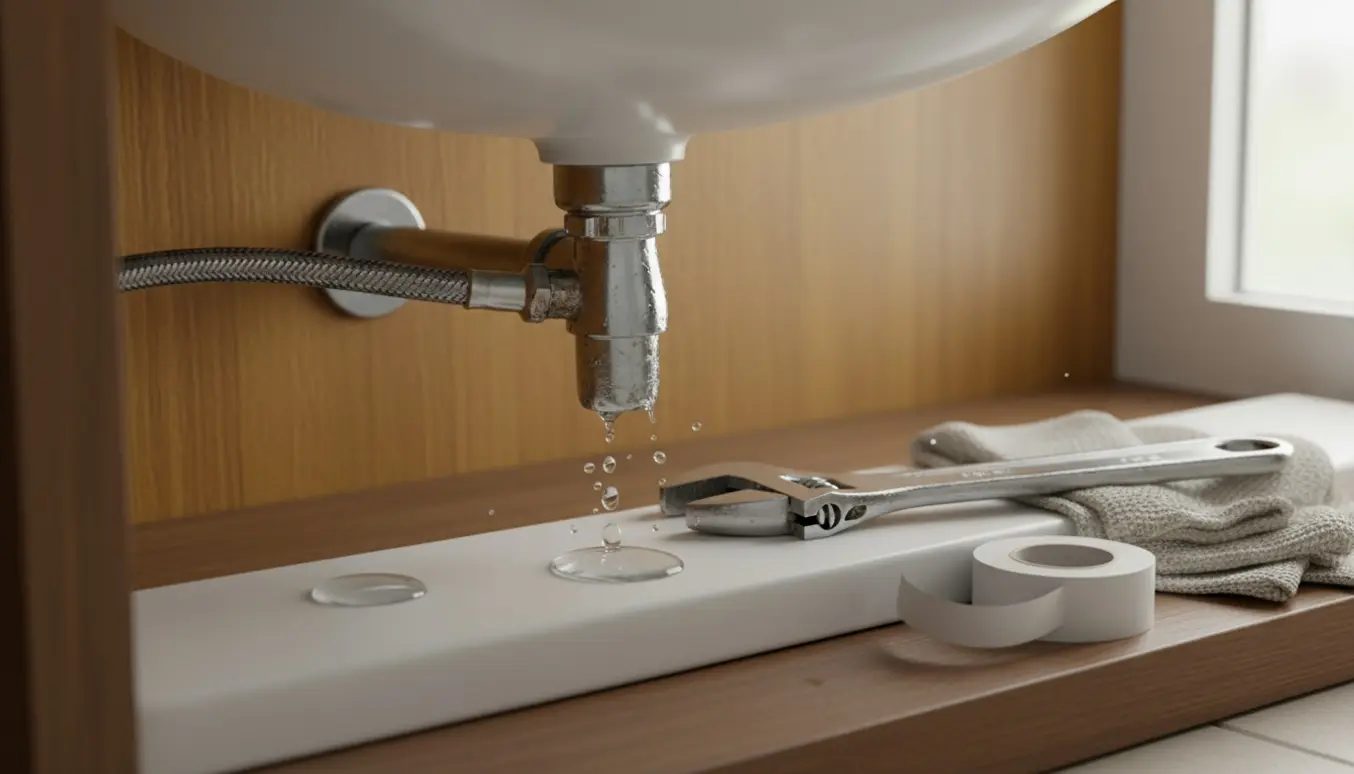 Nærbillede af dryppende vandhane og utæt vandrør under vasken med en skiftenøgle og tætningsbånd.