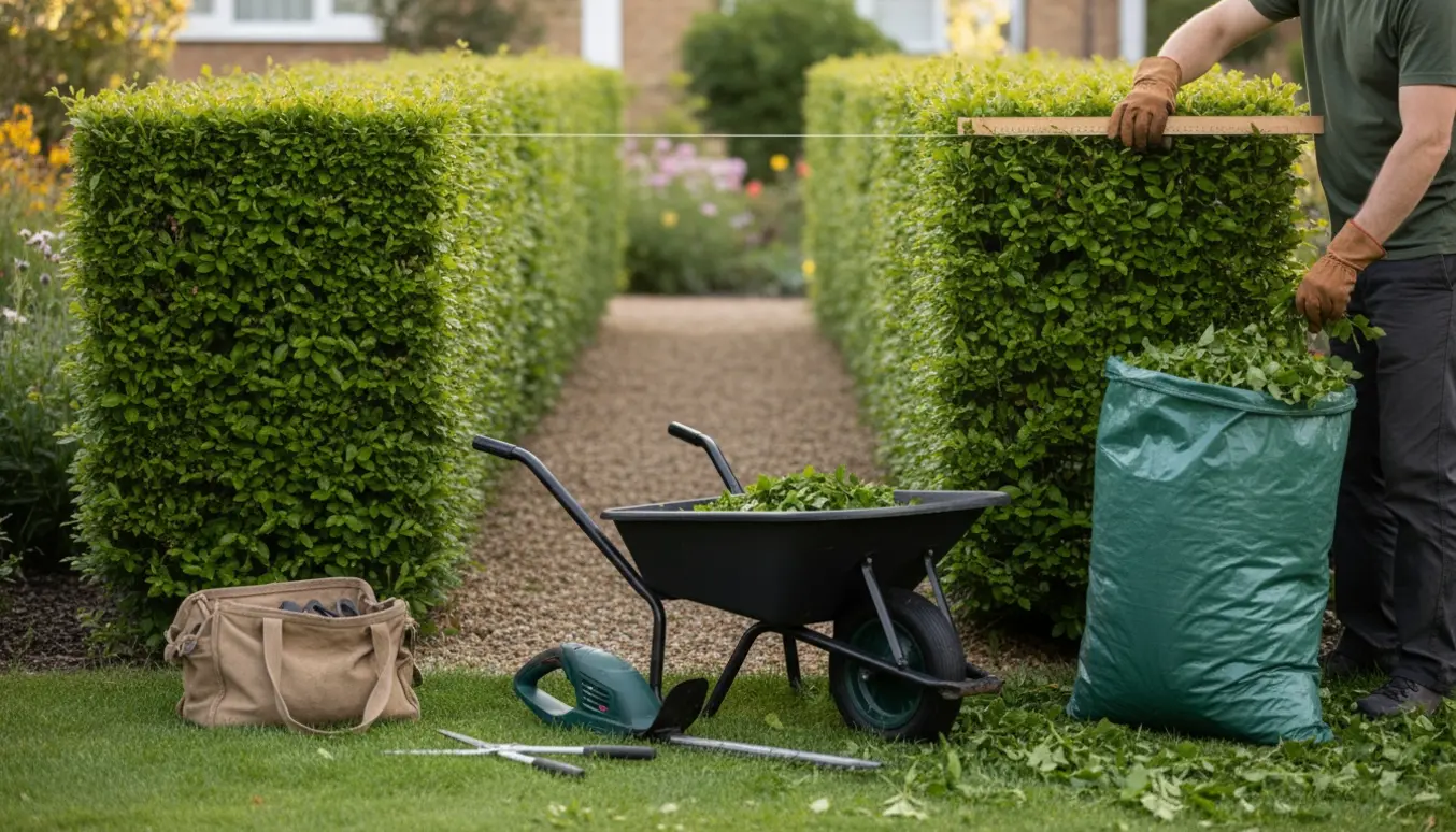 Nærbillede af trimning af en lav bøgehæk med opsamling af afklip i en have.