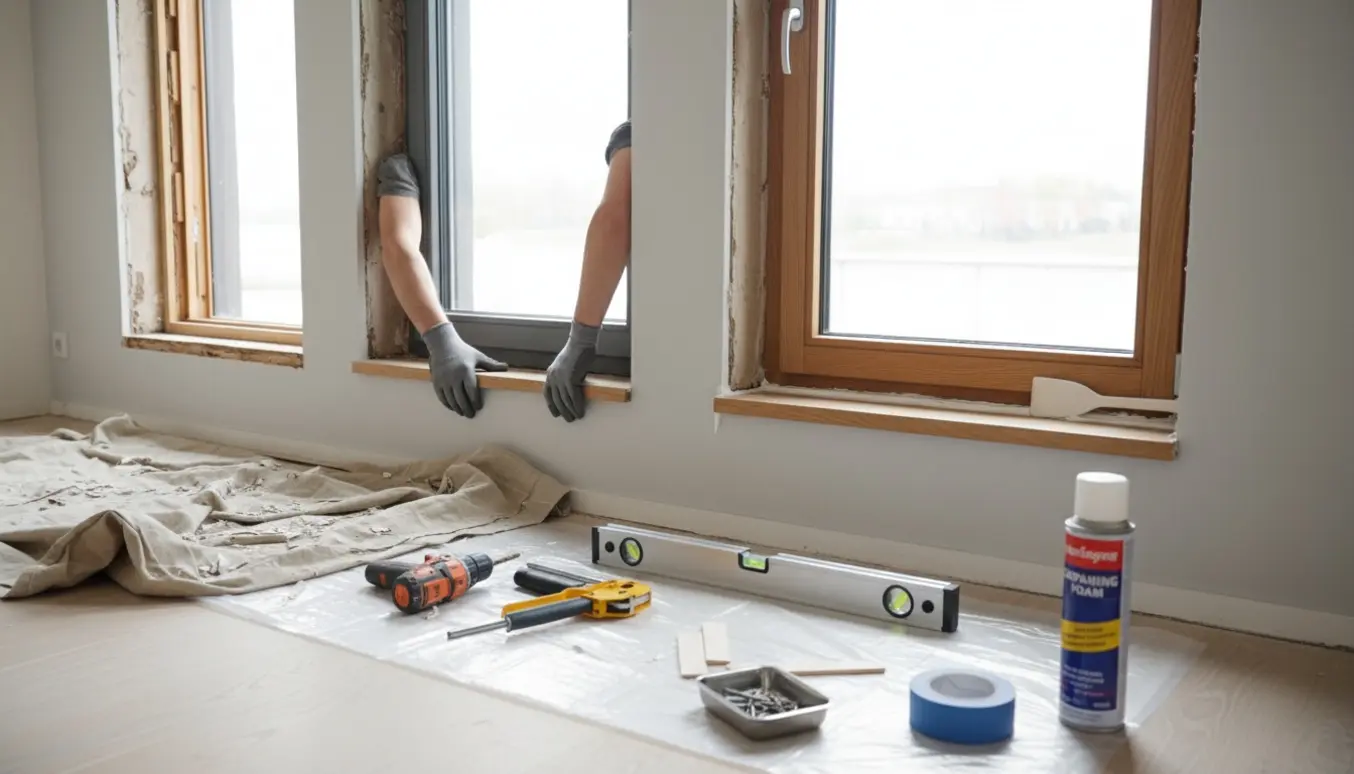 Tre vinduesåbninger indendørs under udskiftning med en ny træ-alu rude, fuge og værktøj på beskyttelsesdug.
