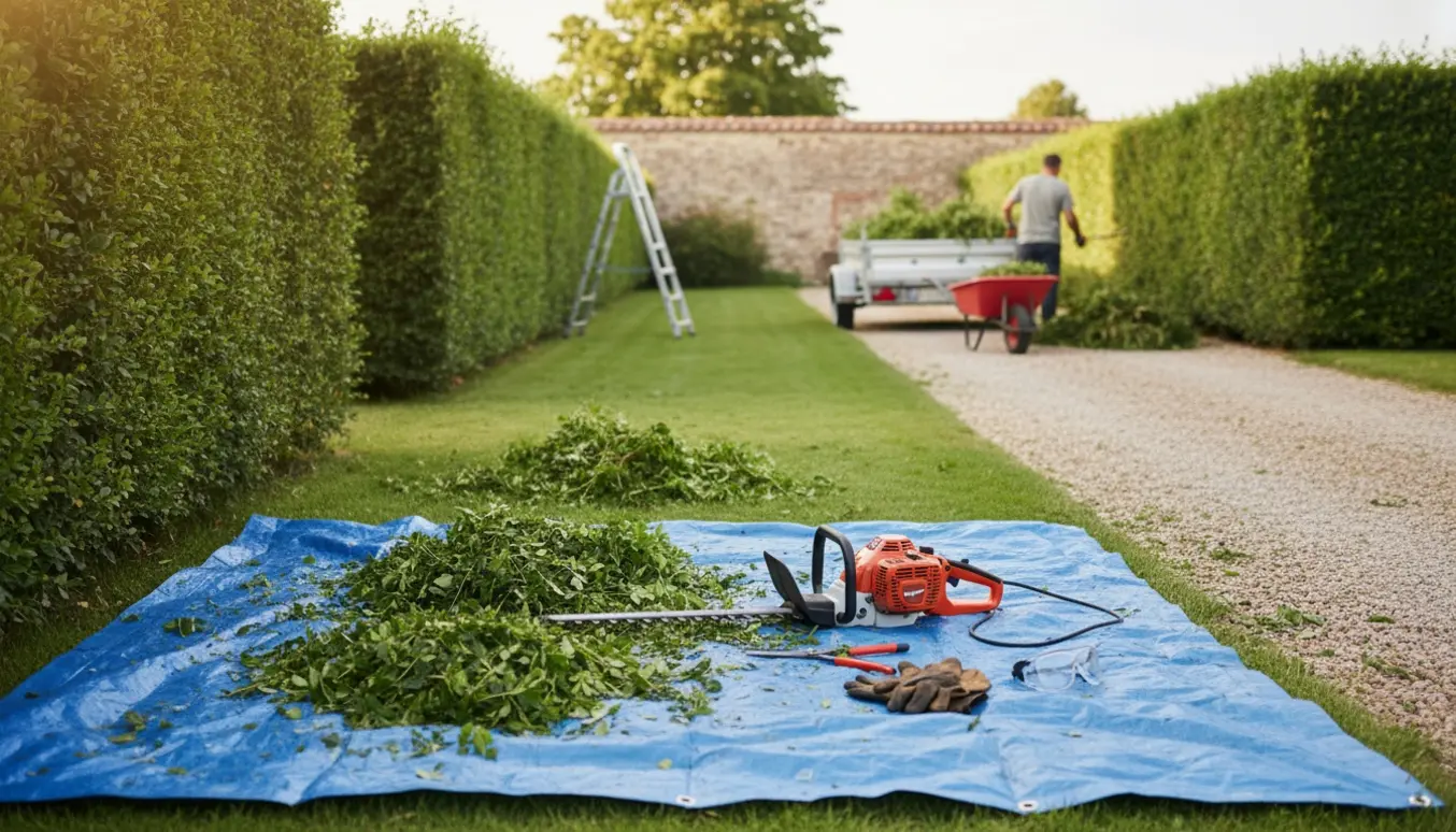 Person klipper lange hække ved have og indkørsel med hækkeklipper, trillebør og trailer til afklip.