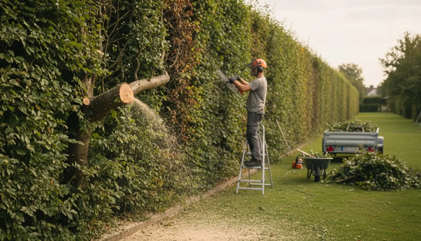 Person skærer topskud af en gammel bøgehæk med motorsav, afklip stablet ved en trailer.