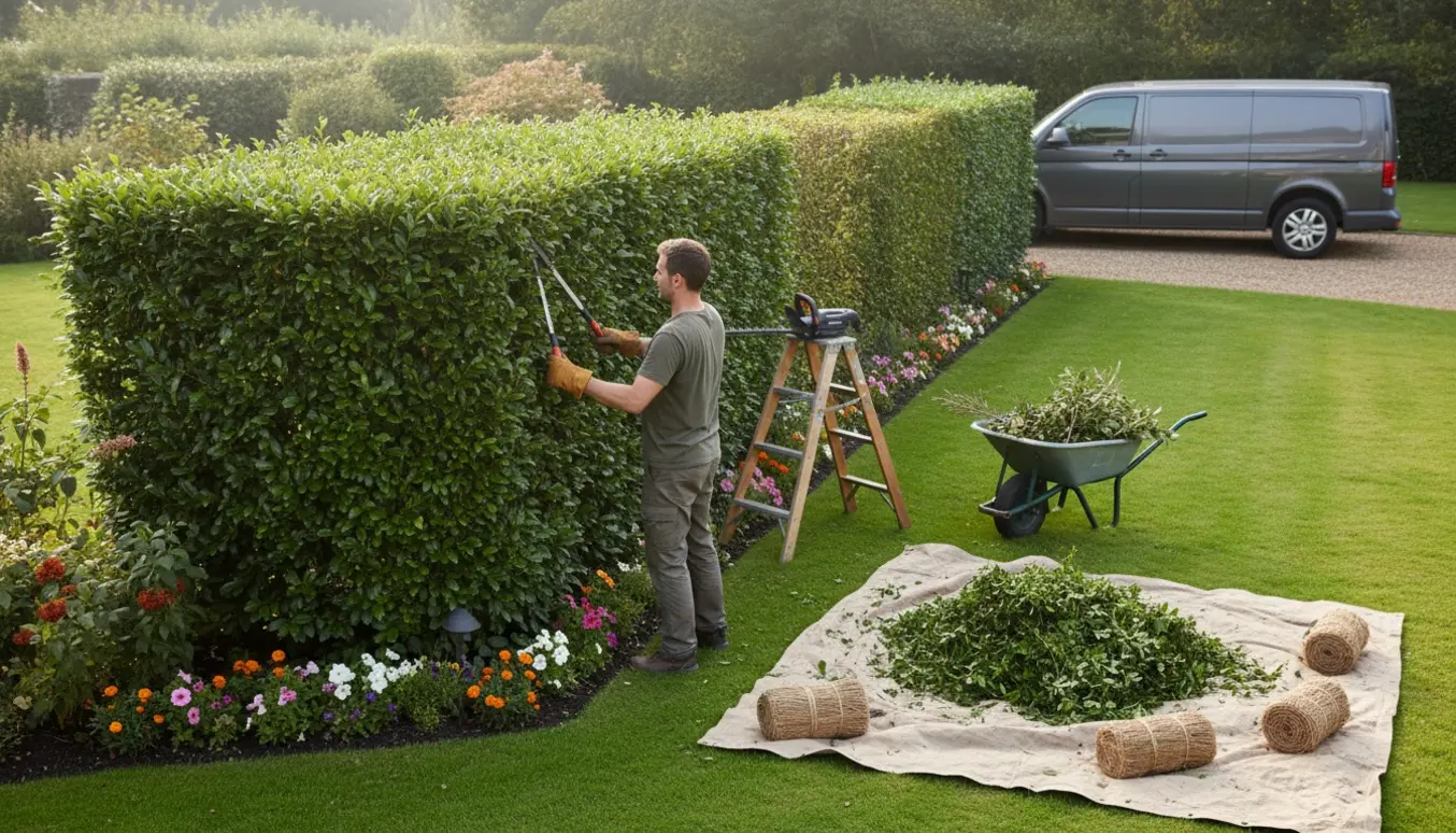 Professionel beskæring af en ligusterhæk med værktøj, opsamlede klip på en presenning og bundter klar til bortkørsel.
