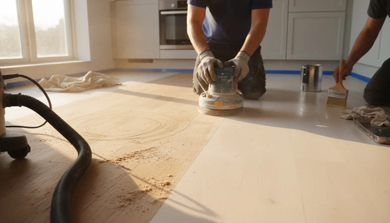 Et solbelyst køkkengulv under slibning, med handsker, slibemaskine og påført lud.