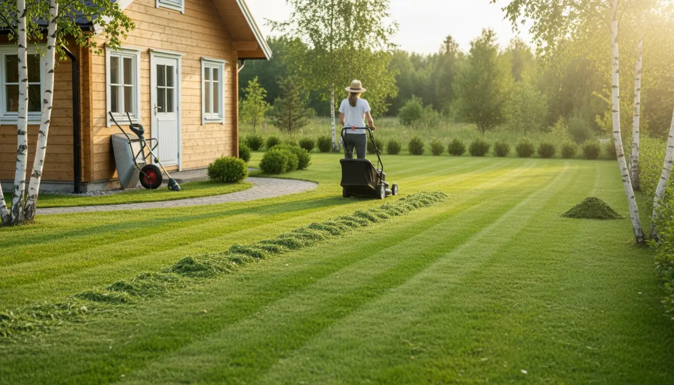 Sommerhusgræsplæne bliver slået med plæneklipper og viser nyklippede striber og haveredskaber.