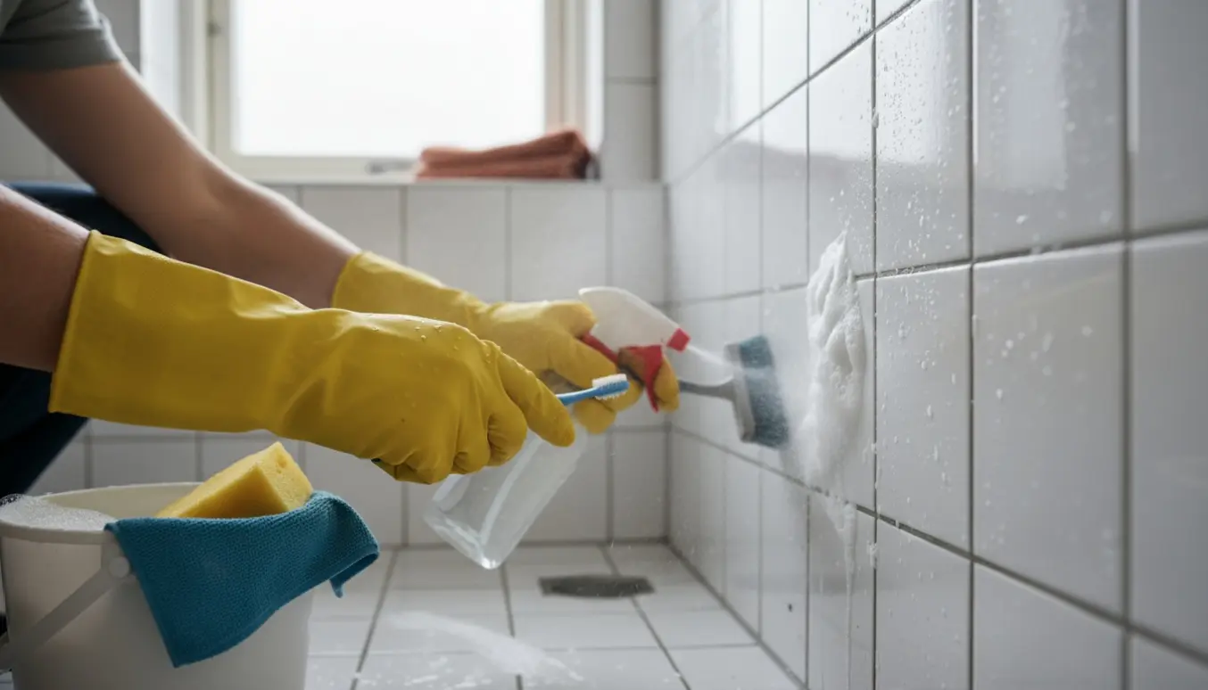 Hænder i gummihandsker skrubber kalk og skimmel væk fra fliser og fuger i et lille københavnsk toilet.