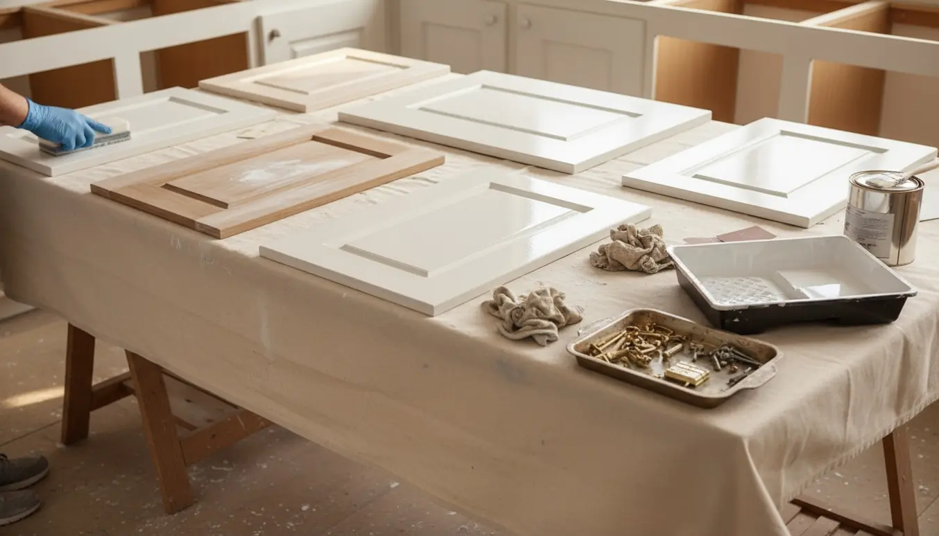 Køkkenskabslåger i forskellige størrelser lagt op til slibning, grunding og maling med håndtag og skruer samlet på en bakke.