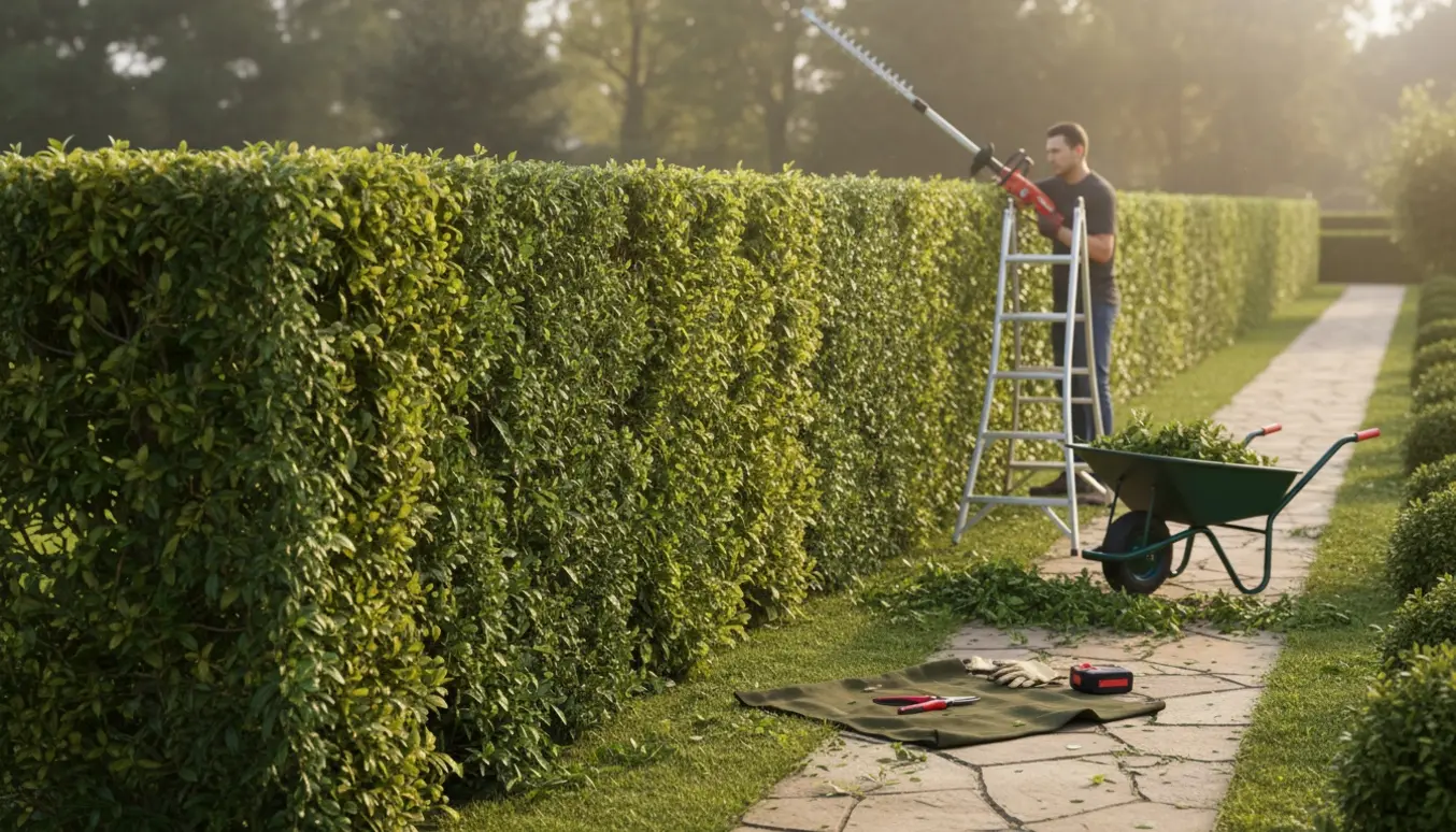 En lang, cirka 3 m høj hæk bliver klippet med en teleskopisk hækkeklipper, mens afklip samles i en trillebør.