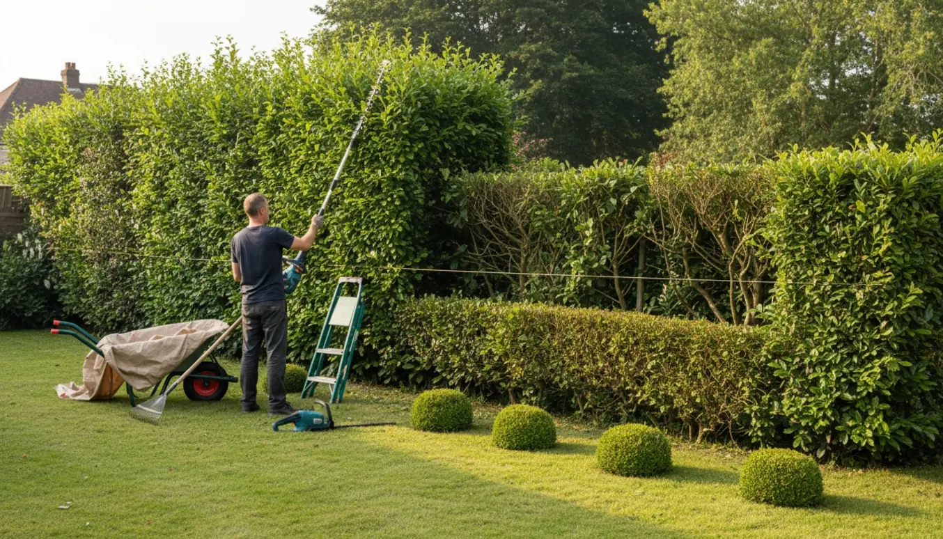Ligusterhæk i en have bliver nedskåret med motorhækkeklipper, mens små bunker af afklip ligger ved hækkens fod.