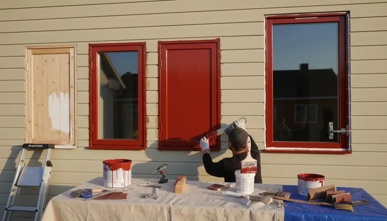 Udearbejde med behandling og maling af røde vinduesrammer, hvor værktøj og frisk maling ses tæt på.