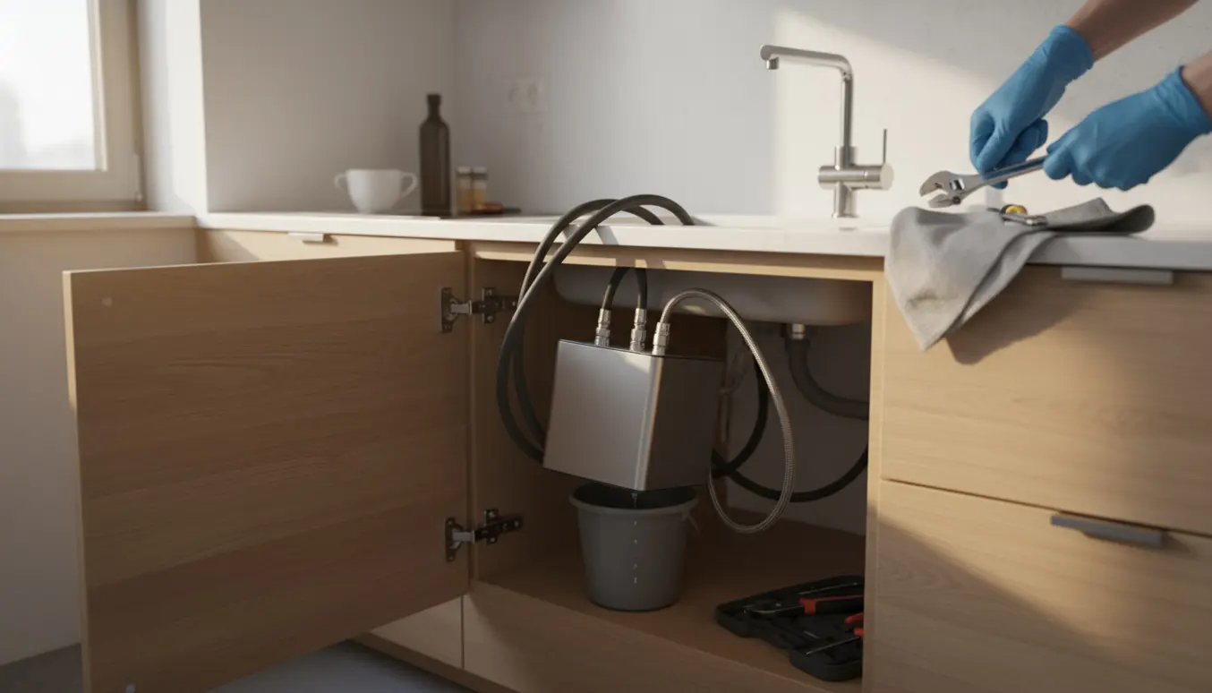 Åbent underskab med en afmonteret varmtvandskube, løse slanger og hænder med skruenøgle ved en køkkenvask.
