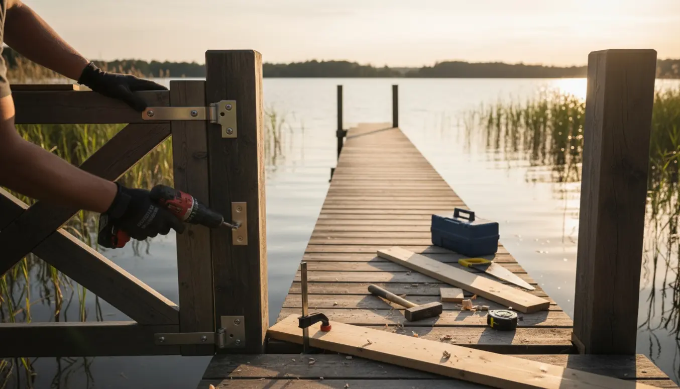 Hænder reparerer en træbro og stabiliserer en port ved en sø med nye brædder og værktøj.