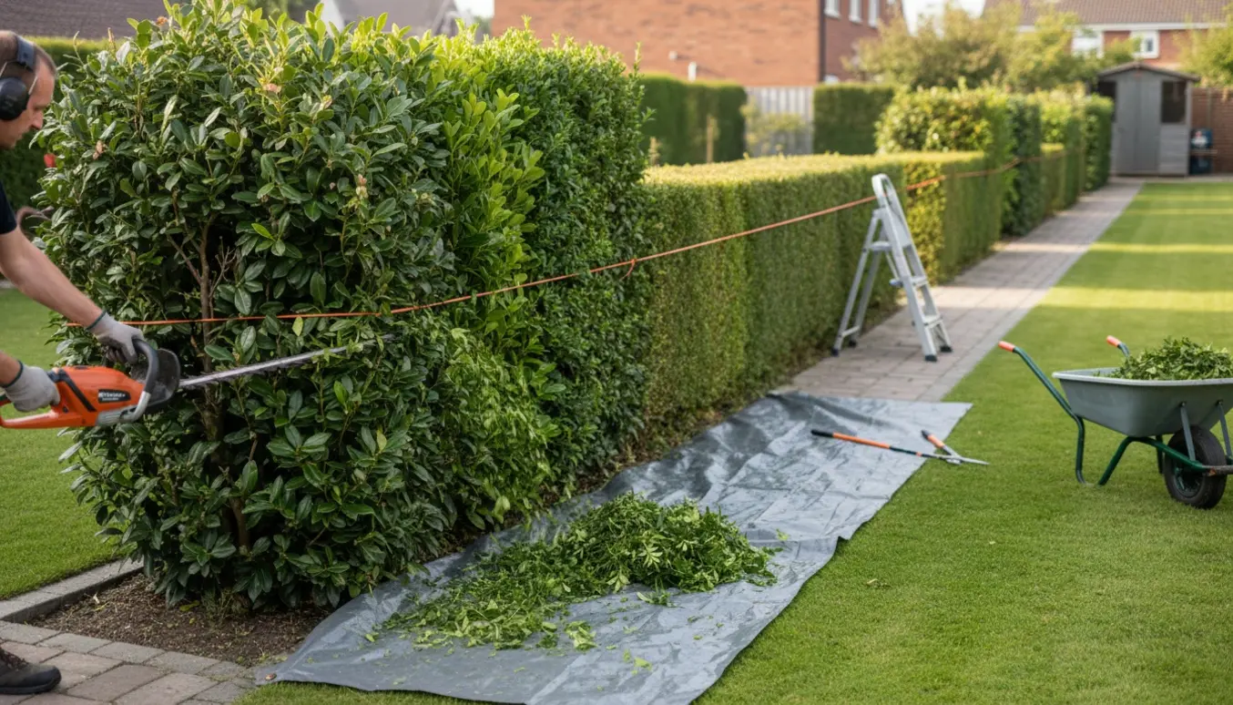 Lang hæk under beskæring med hækkeklipper, bunker af afklip og tydelig kontrast mellem utrimmet og nyklippet sektion.