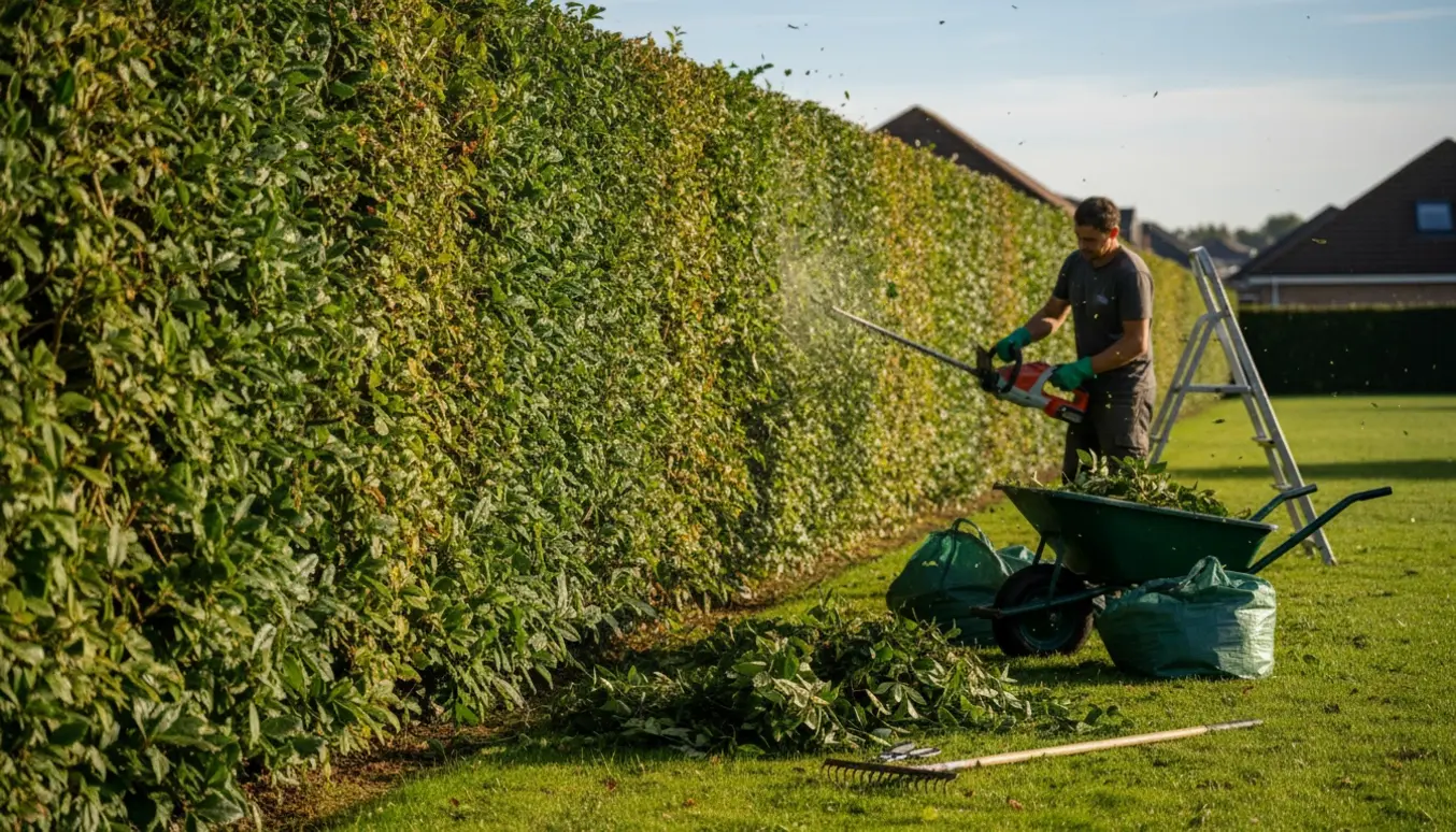 Lang hæk klippes med en trådløs hækkeklipper, afklip samlet i trillebør og haveresække.