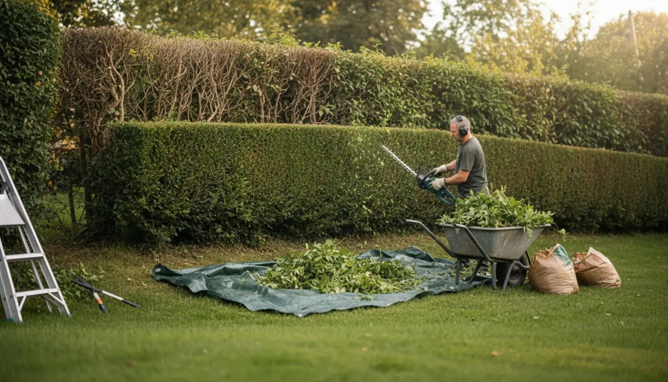 Stor bred hæk på en skråning bliver klippet med afklip samlet i trillebør og på presenning.
