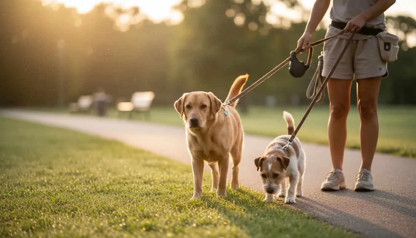 To hunde i snor på en solbeskinnet parksti med posedispenser og en anonym hundeejer i baggrunden.