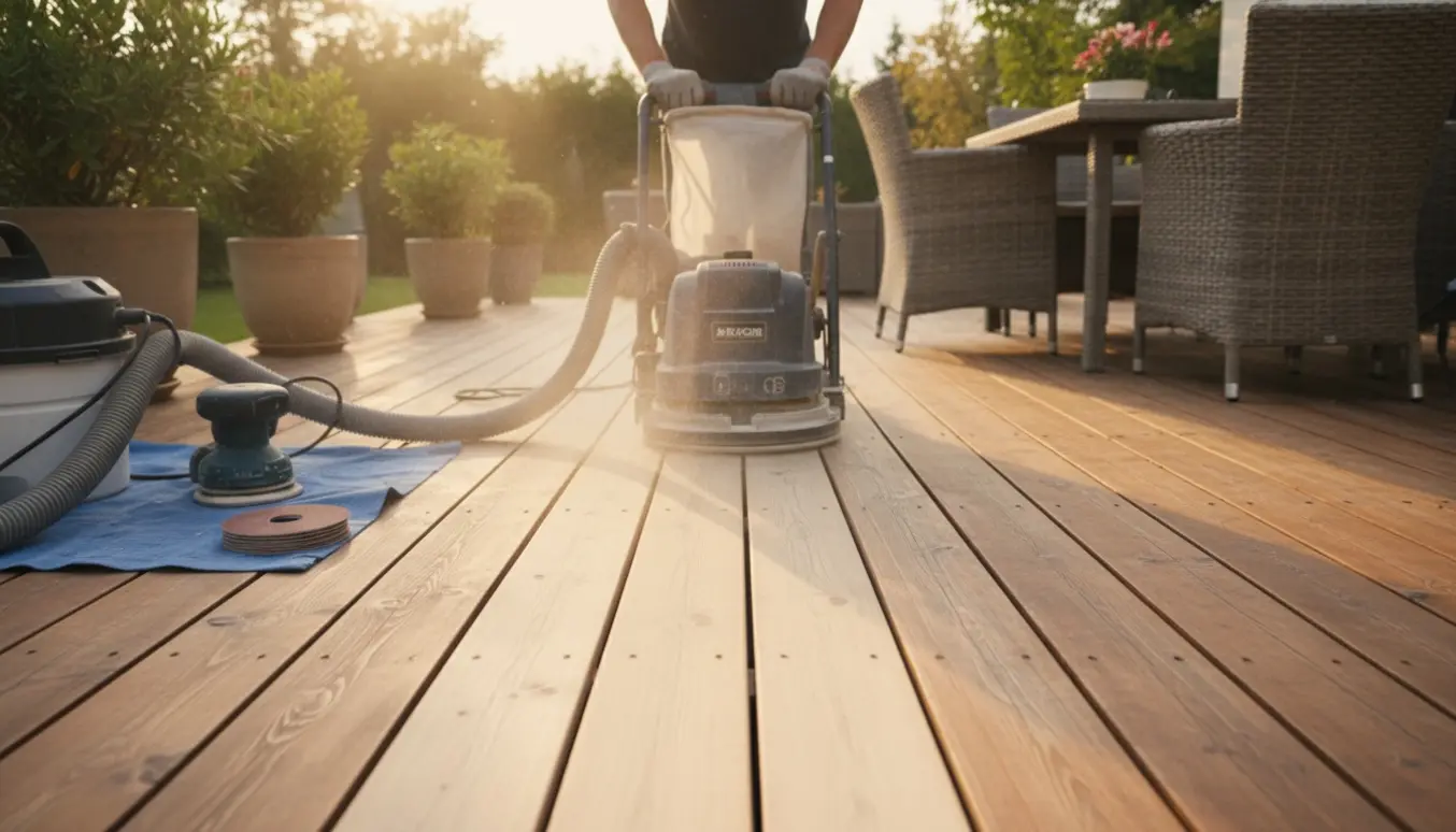 Slibning af træterrasse med gulvsliber, synligt før-og-efter på træets overflade.