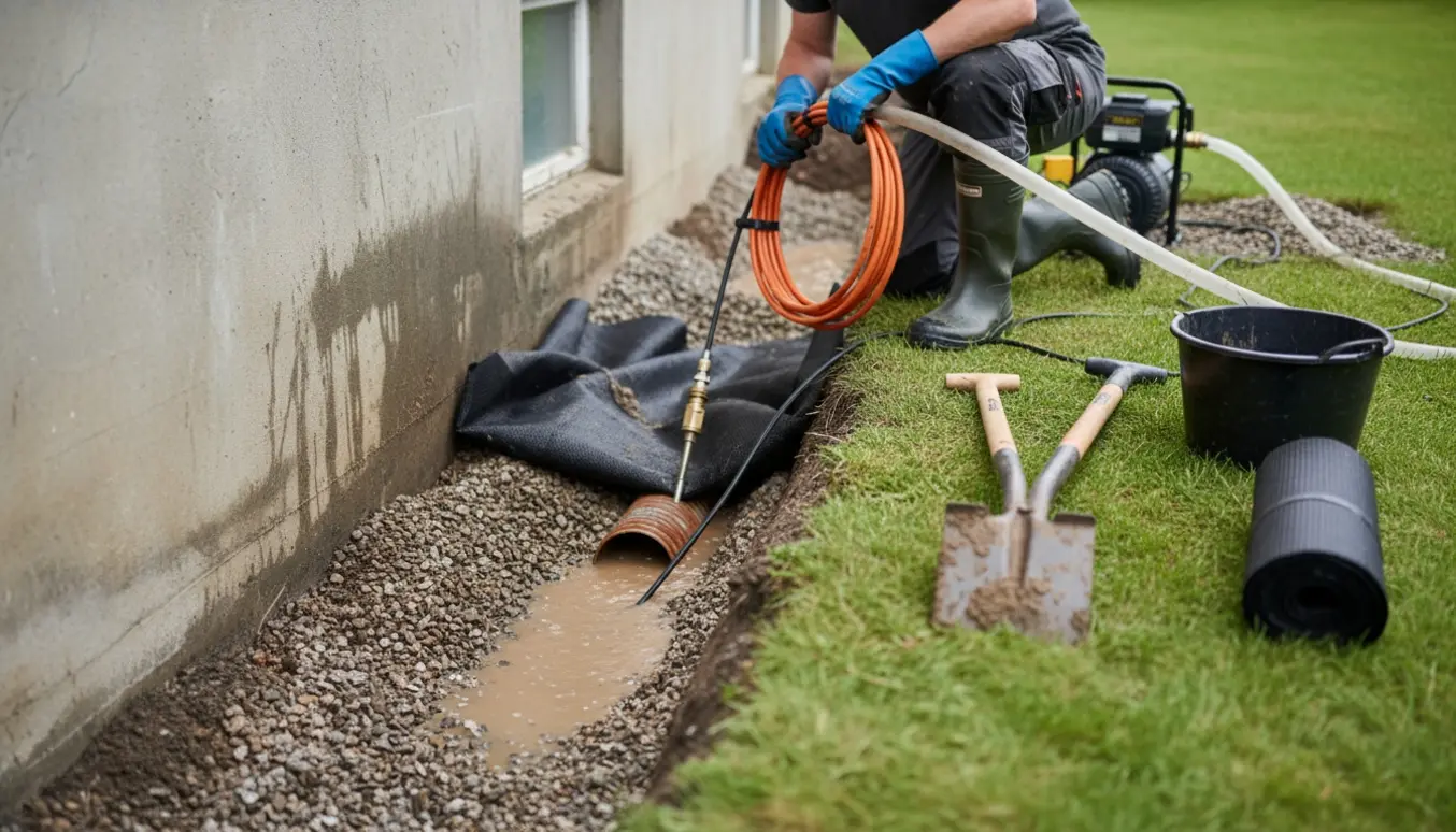 Dybt omfangsdræn ved husfundament renses med højtryksslange og pumpe, kun hænder synlige.