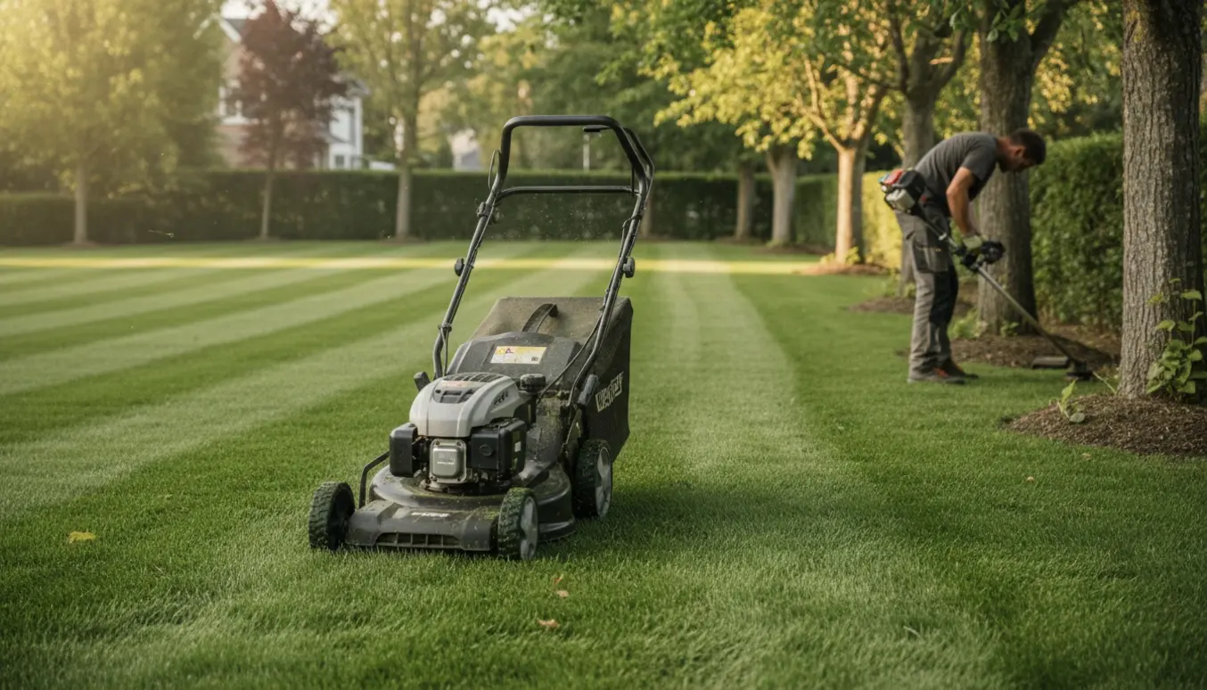 Person slår græs på en stor have med plæneklipper og kantklipper tæt ved træer og buske.