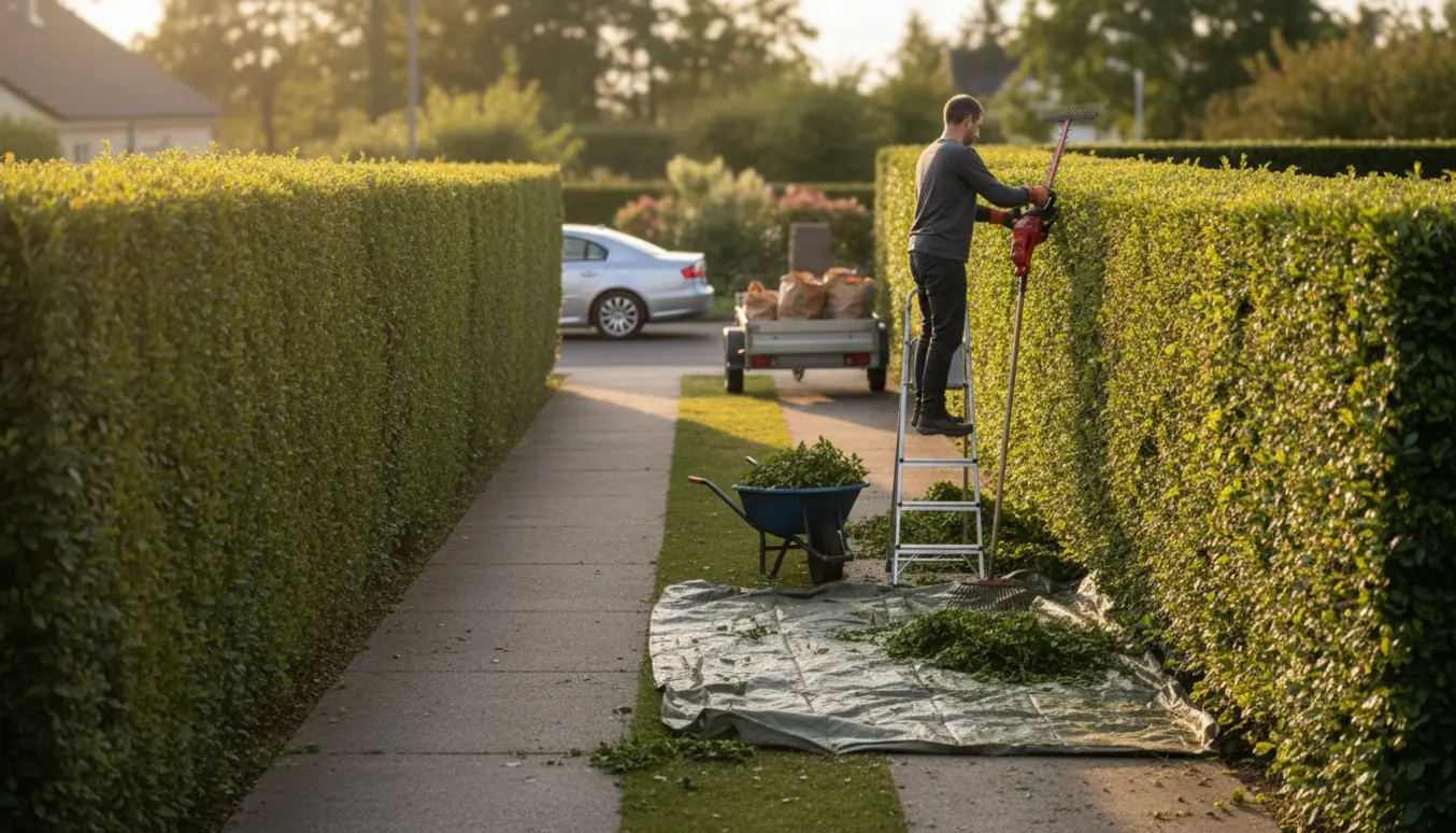En person trimmer og river toppen af to 12 meter hække langs en indkørsel, mens afklip samles i bunker klar til bortkørsel.