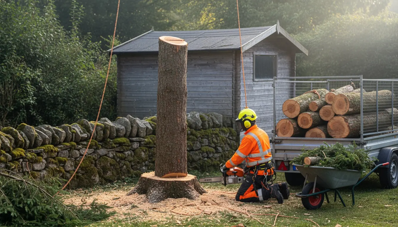 En arbejder topkapper et cirka 12 m grantræ tæt på et lille skur, med afskårne grene stablet klar til bortkørsel.