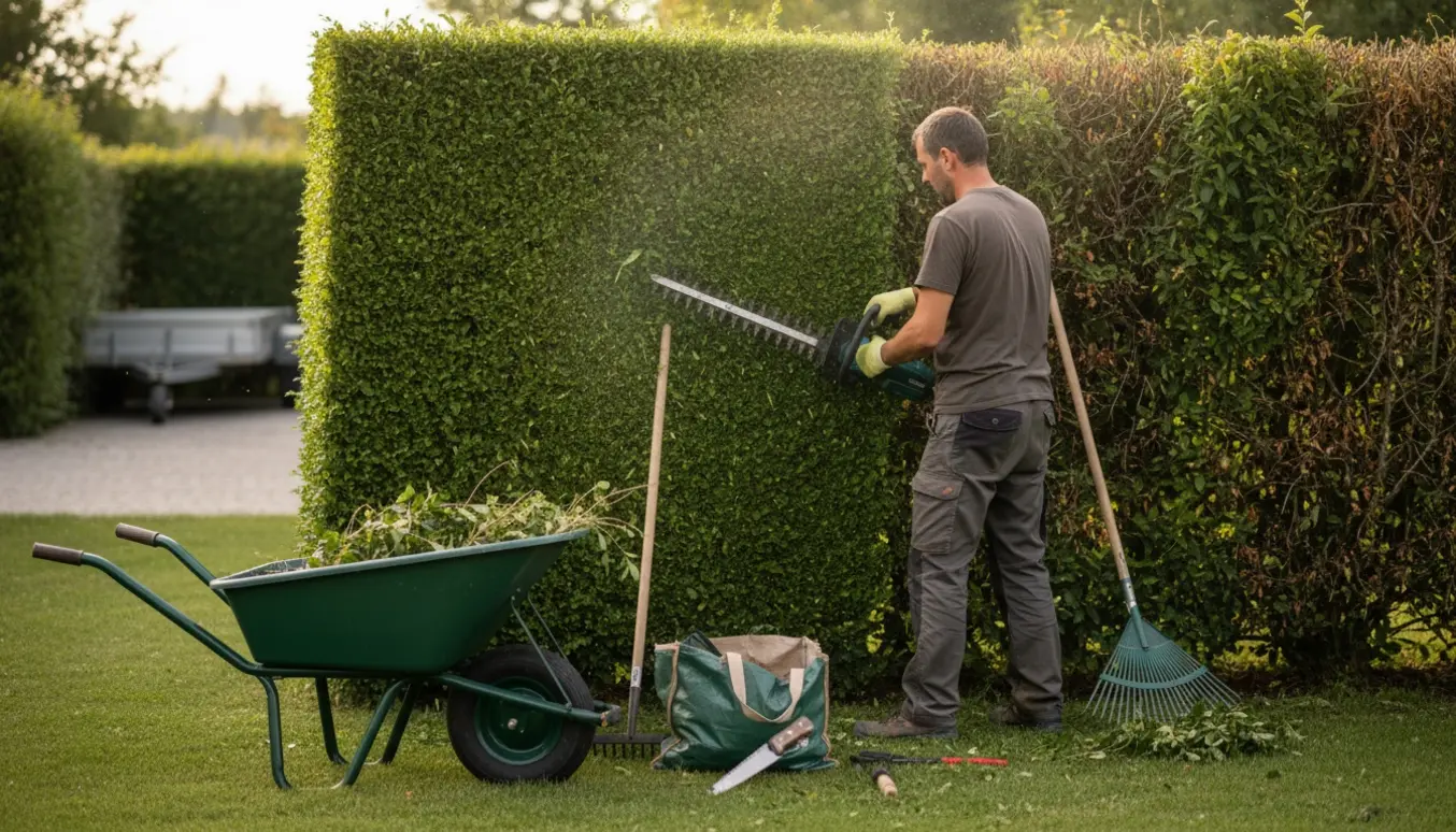 En havemand klipper en hæk fra én side, med afklip samlet i en trillebør klar til bortkørsel.