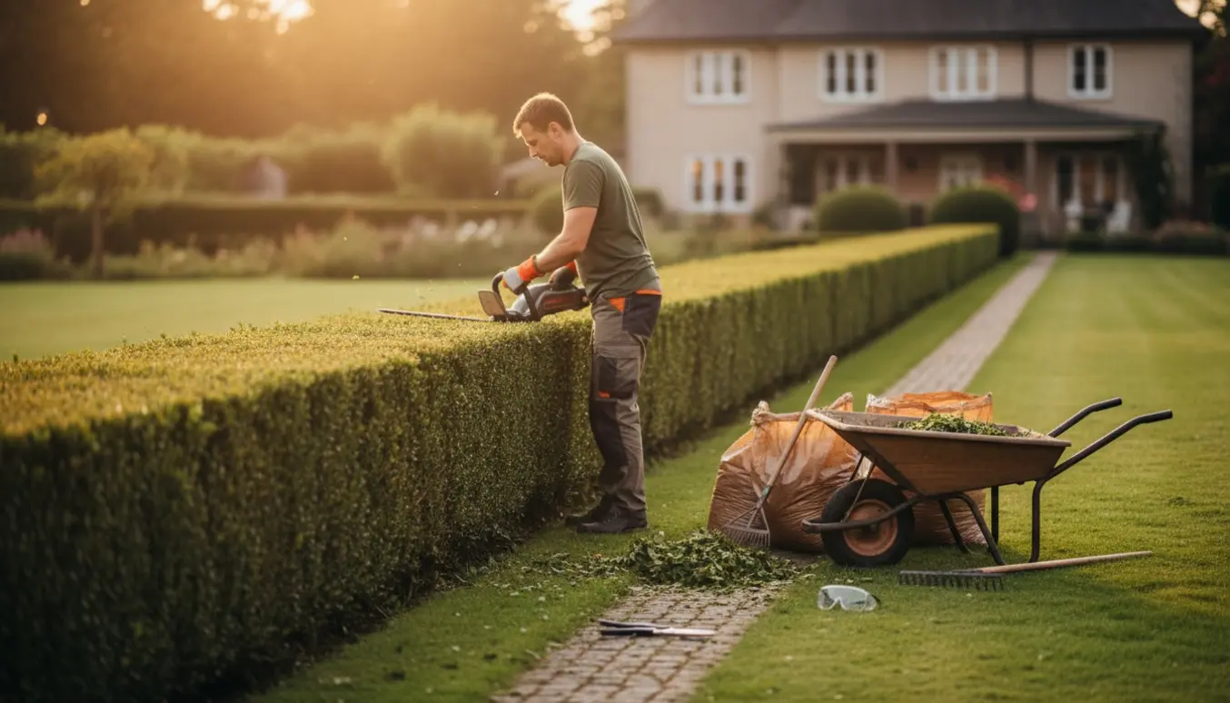 Nærbillede af en nyklippet hæk langs en havegang med handsker, hækkeklipper og en skubbevogn fyldt med afklip.