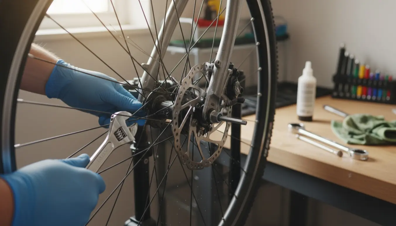Nærbillede af en fabriksny cykel på værksted, hvor en hånd med skruenøgle løsner et for stramt hjul, der gnider mod bremseklodserne.
