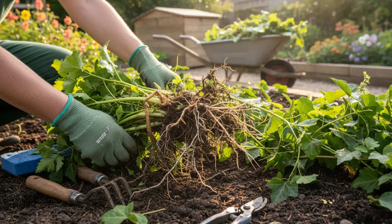 Hænder trækker skvalderkål, snerler og efeu op af et blomsterbed med haveredskaber og en trillebør i baggrunden.