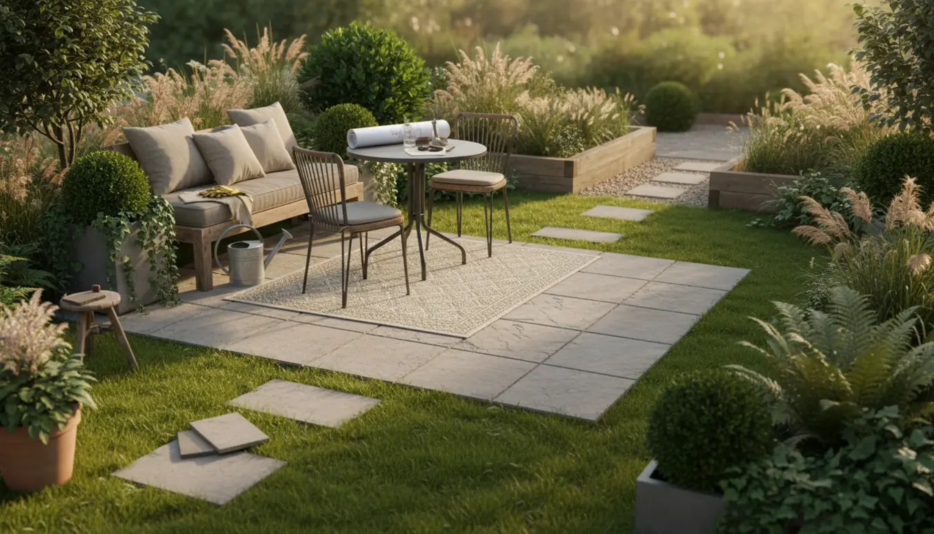 Hyggelig lille have med stor fliseterrasse, grønne planter og en træbænk i blødt eftermiddagslys.