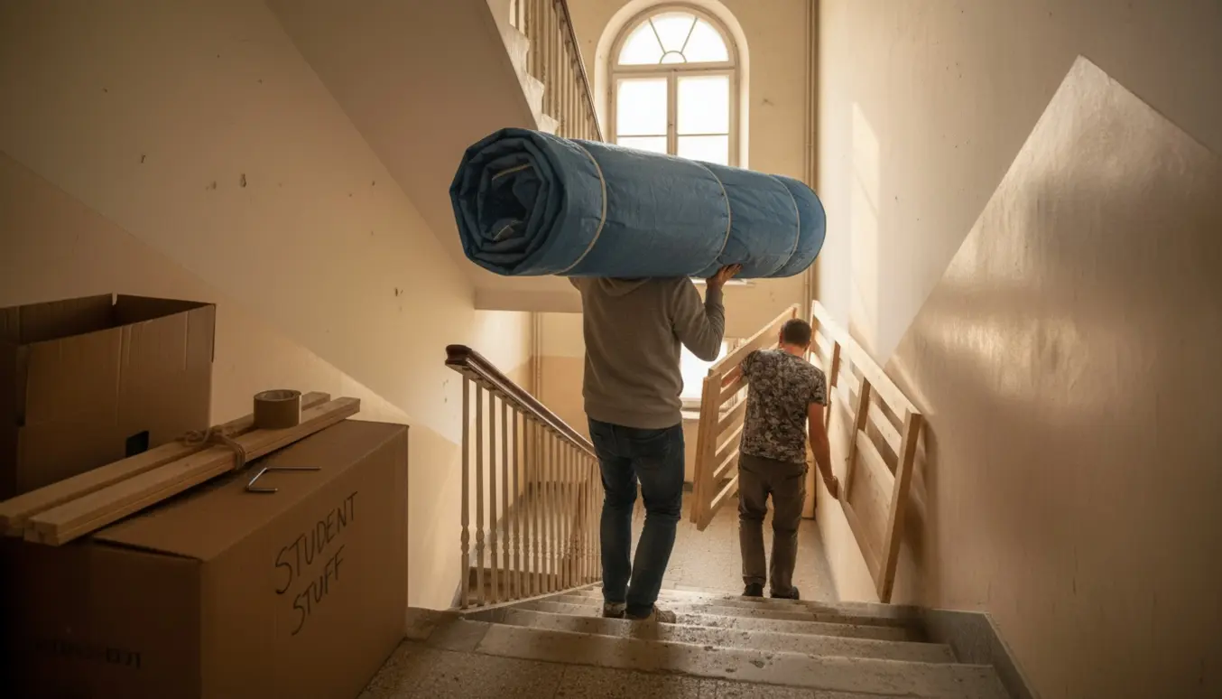 To personer bærer en seng op ad en oplyst trappeopgang til en studiebolig, ansigter er ikke synlige.