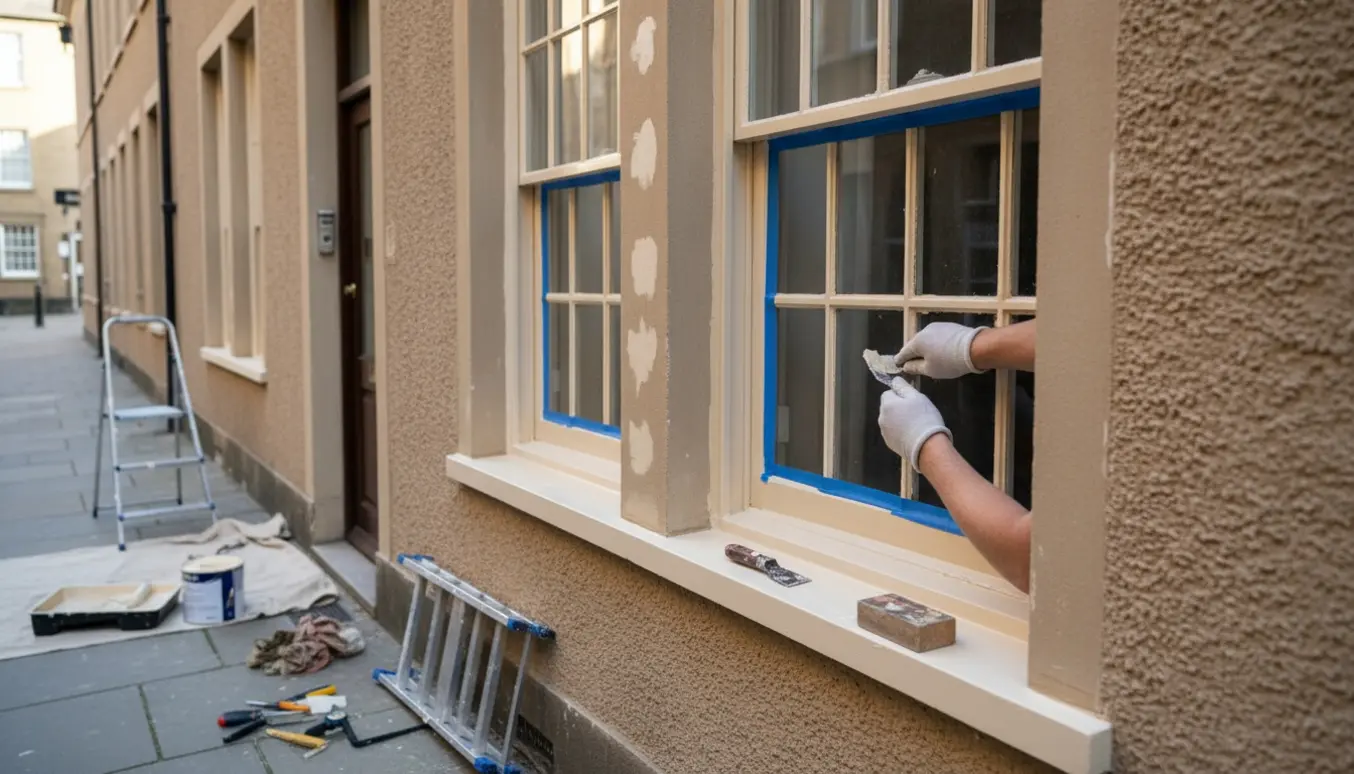 Udvendigt malerarbejde på et byhus med fire sprossevinduer og dør, hvor kitfals spartles og malerværktøj ligger klar.