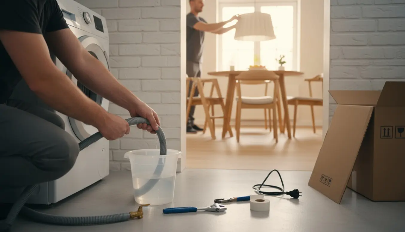 Hænder afmonterer vaskemaskine i kælderen mens en person på stige tager en spisebordslampe ned.