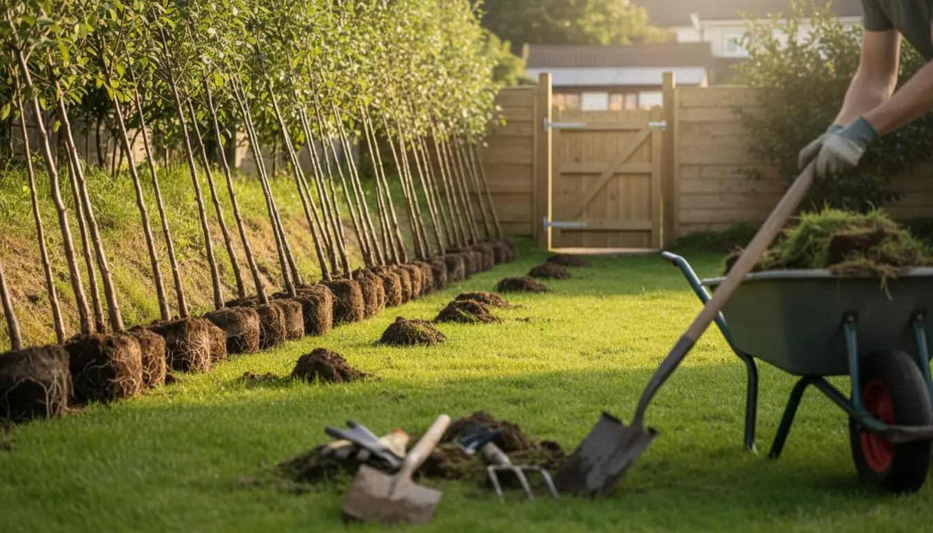 Baghave med opgravede små træer og haveredskaber stablet ved en åben havelåge ved en skrænt.