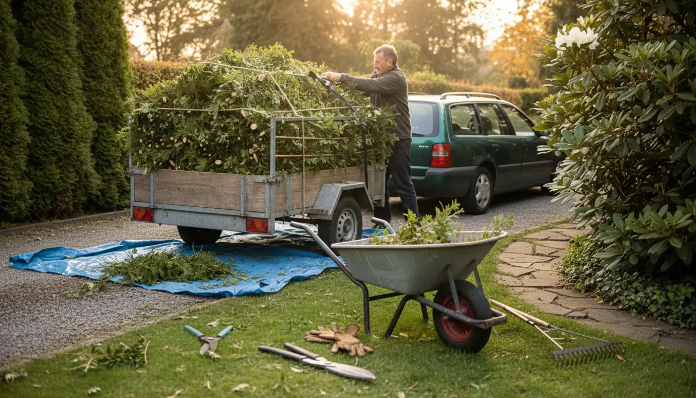Trailer læsset med nyklippede hække på en smal indkørsel, klar til afhentning.