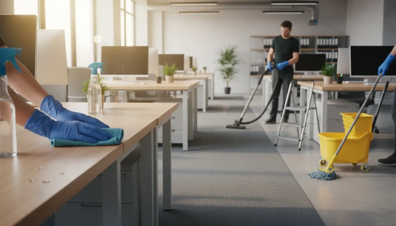 Rengøringsperson gør et lyst, moderne kontor grundigt rent med støvsuger, moppe og microfiberklud, ansigt ikke synligt.