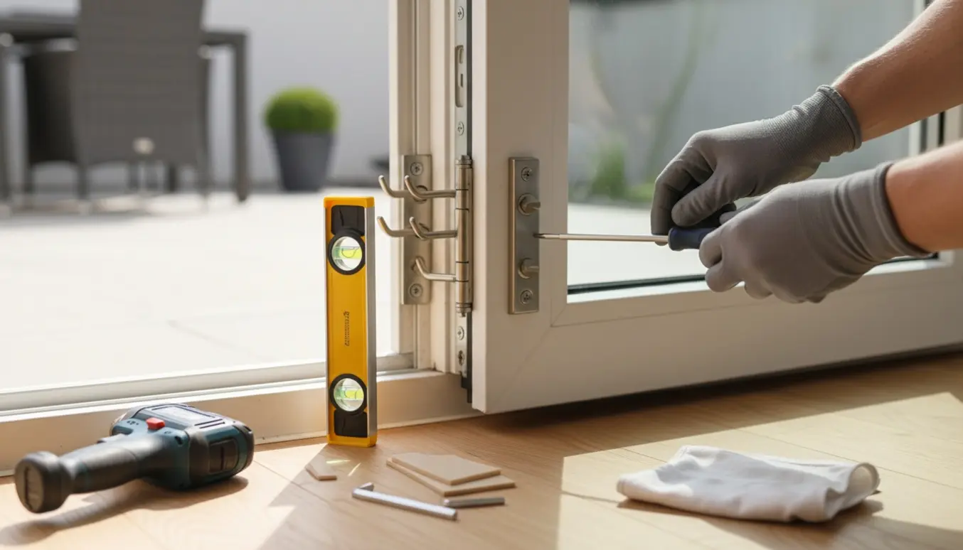 Nærbillede af hænder, der justerer hængslet på en terrassedør med vaterpas og skruetrækker, mens låsehagerne er lidt skæve.