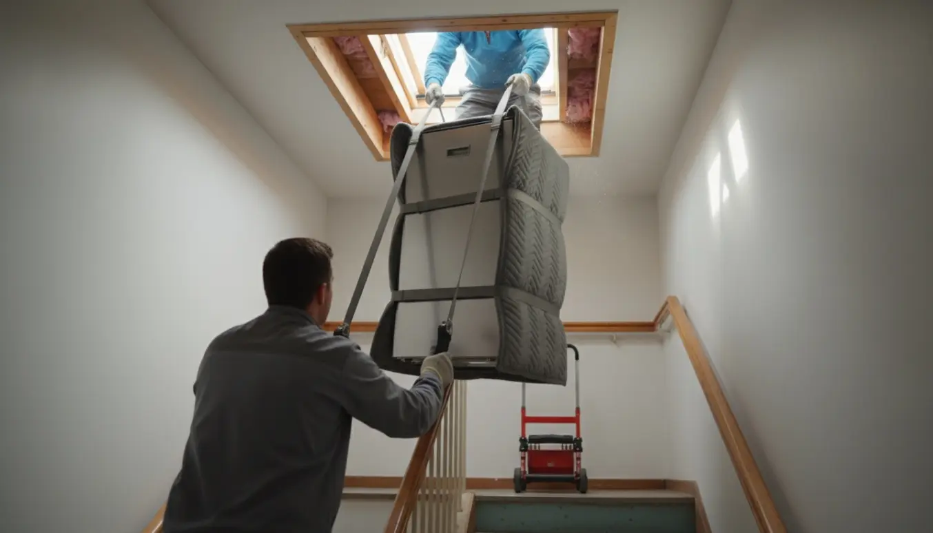 En smal opvaskemaskine sænkes forsigtigt ned gennem et lofthul til trappeopgangen, ansigter er ikke synlige.