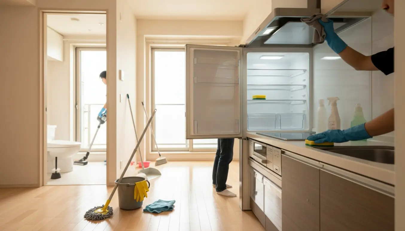 Flytterengøring i en lille lejlighed med moppe, handsker, åbent køleskab og rent komfur.