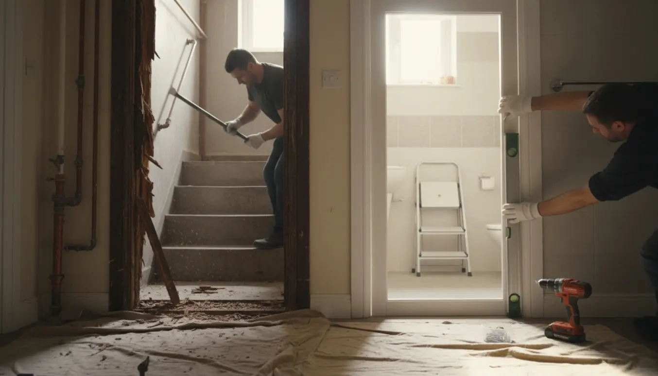 Udsnit af håndværkerhænder, der udskifter dørkarme til badeværelser i kælder og på 1. sal med værktøj og materialer.