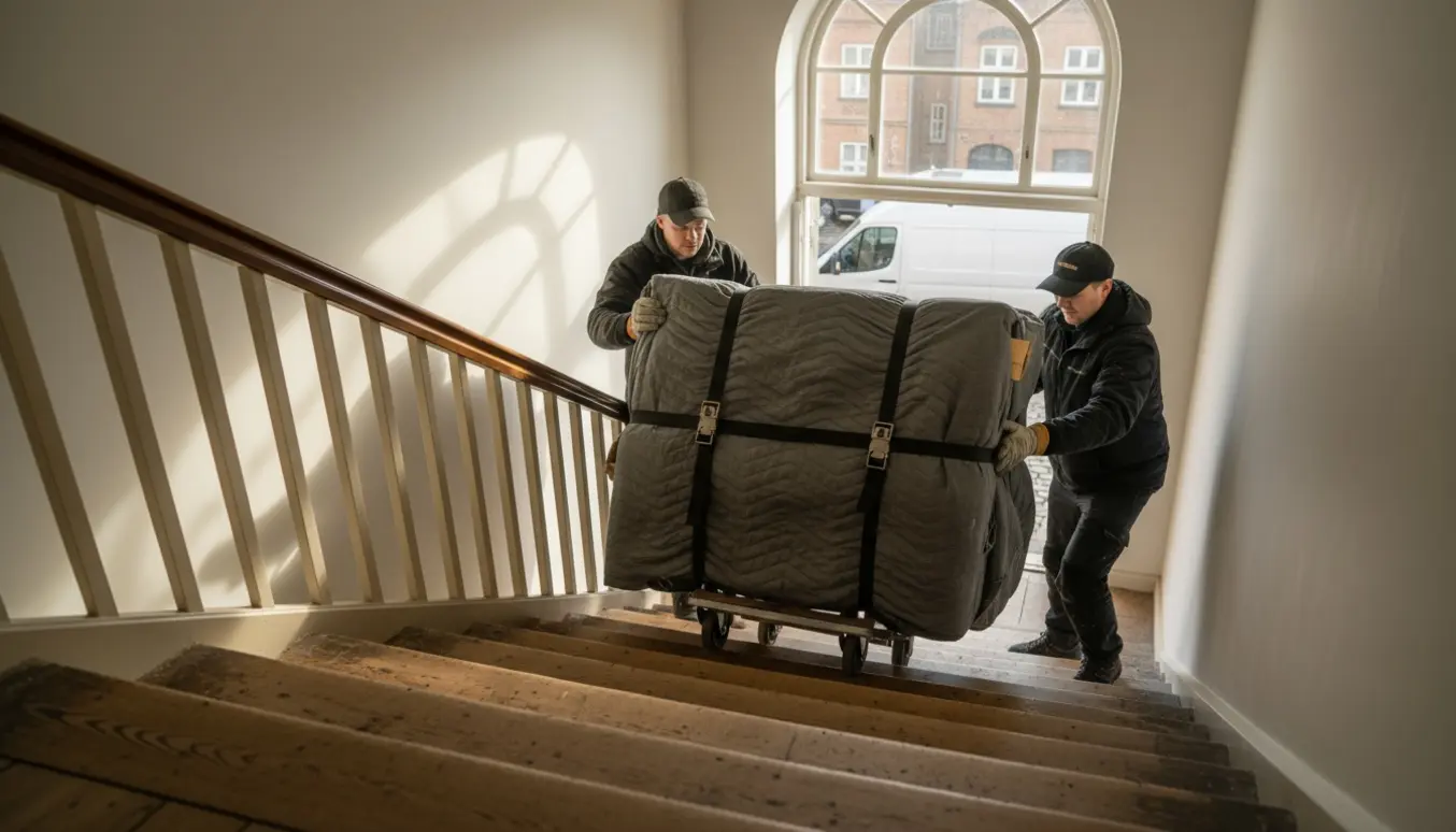 Et lille klaver pakket i flyttetæpper bæres op ad en bred trappe i en lys lejlighedsopgang.
