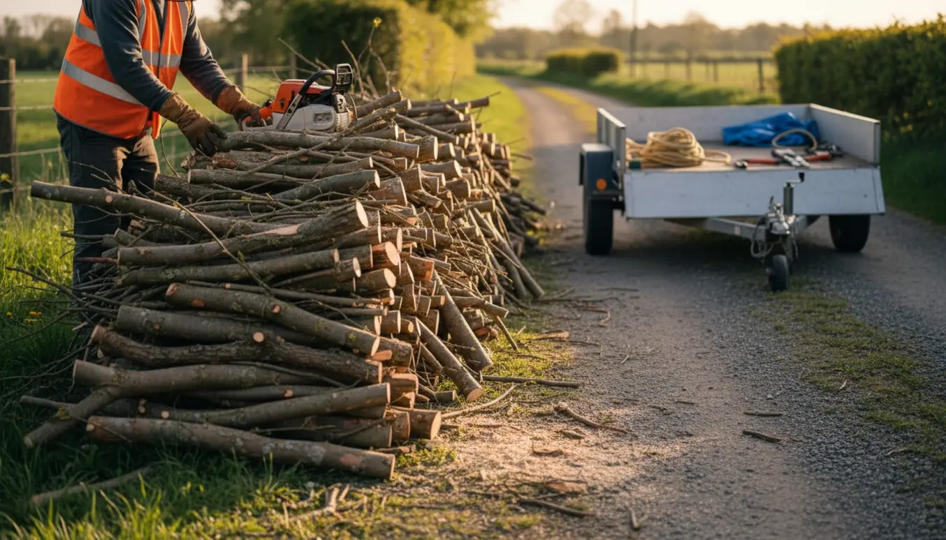 Nyfældede trægrene stablet ved vejkanten ved en parkeret trailer, klar til afhentning.