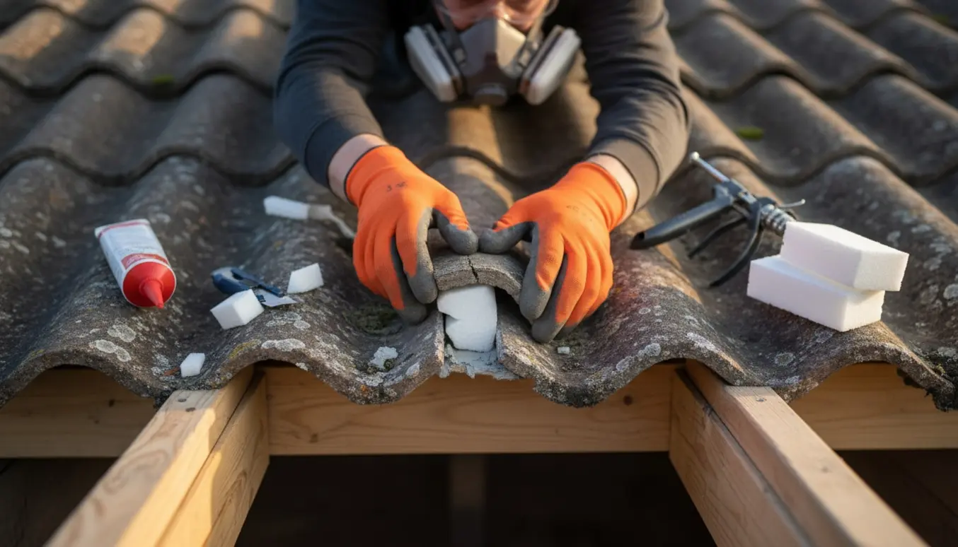 Nærbillede af værneklædte hænder, der indsætter en skumbølgeklods under en revnet rygningsplade på et ældre bølgeeternittag.