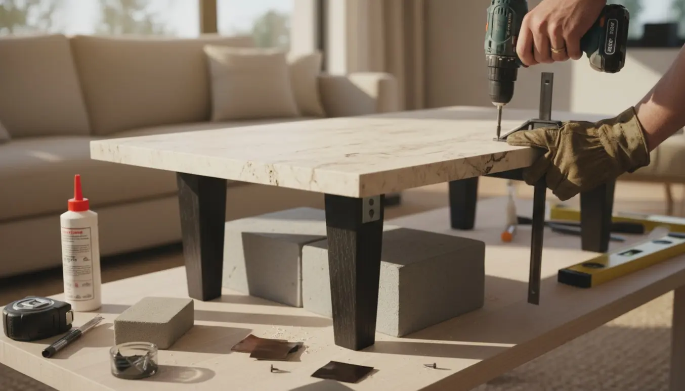 Nærbillede af montering af sofabord med travertinplade og mørklakerede egetræsben og værktøj på et lyst værksted.