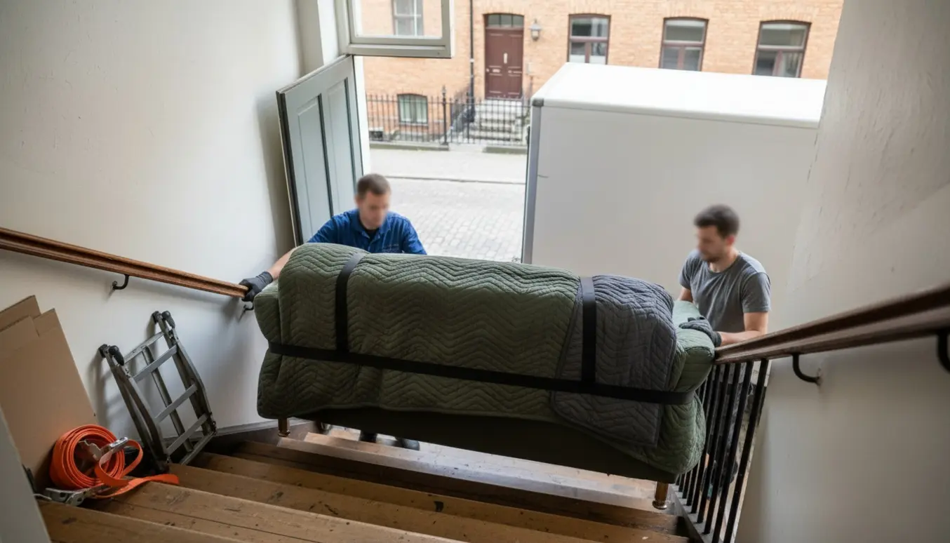 Flyttefolk bærer en indpakket sofa op ad en smal trappe til en lejlighed på 2. sal med flyttebil udenfor.