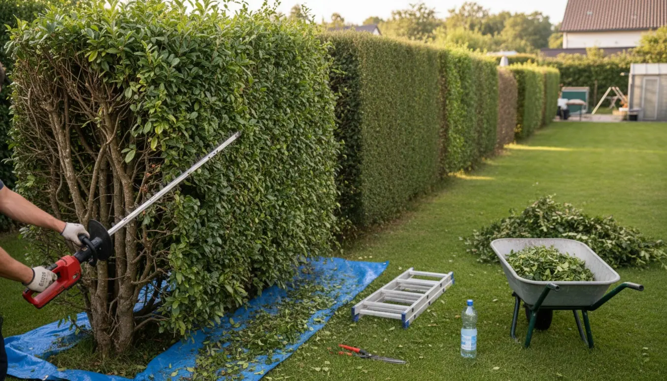 En arbejder uden synligt ansigt trimmer en høj Nauer-hæk i en baghave, med nyklippede grene i en trillebør.
