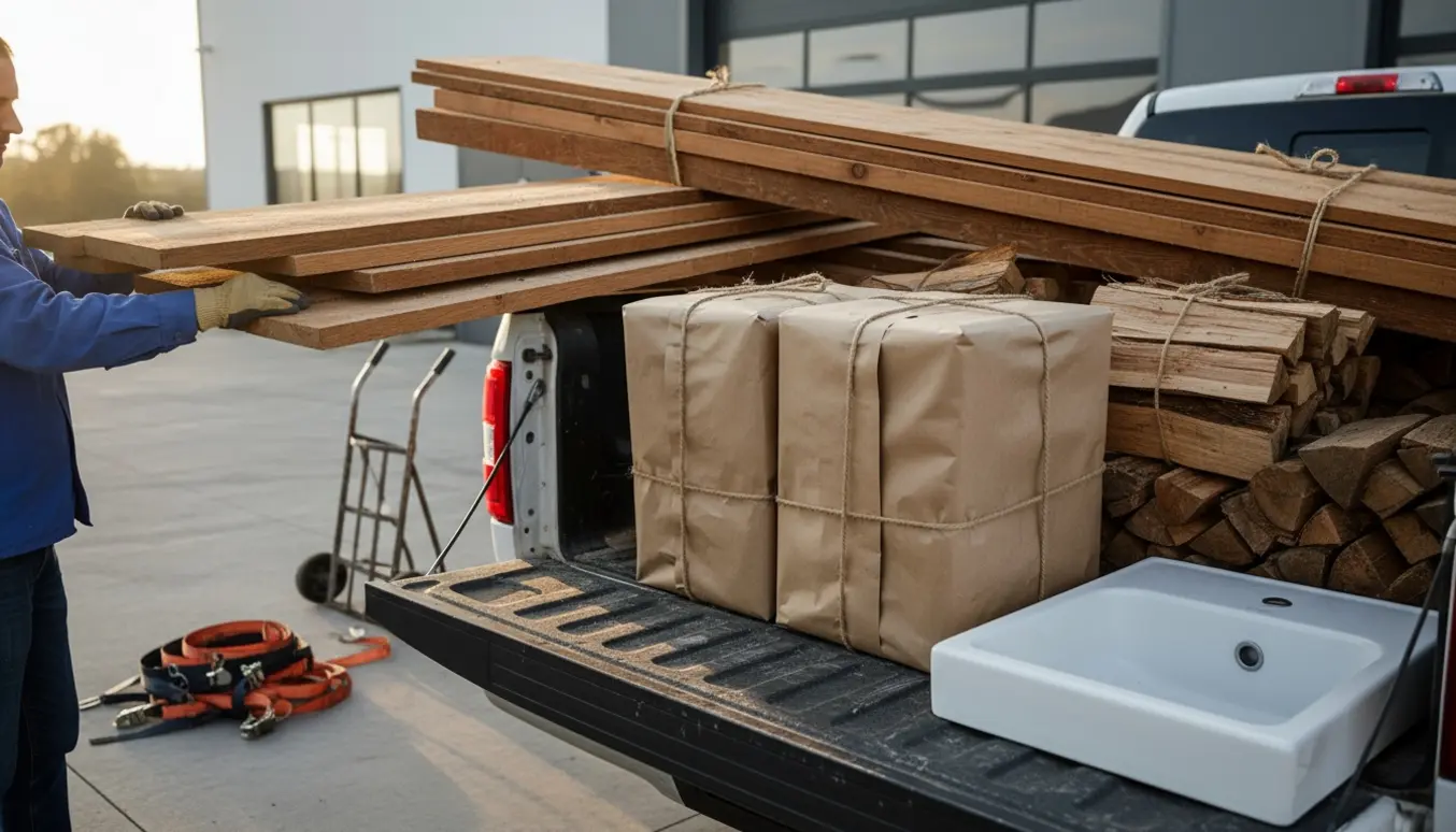 Pickup lastes med træplanker og indpakkede sanitetsvarer på en indkørsel, ingen ansigter synlige.