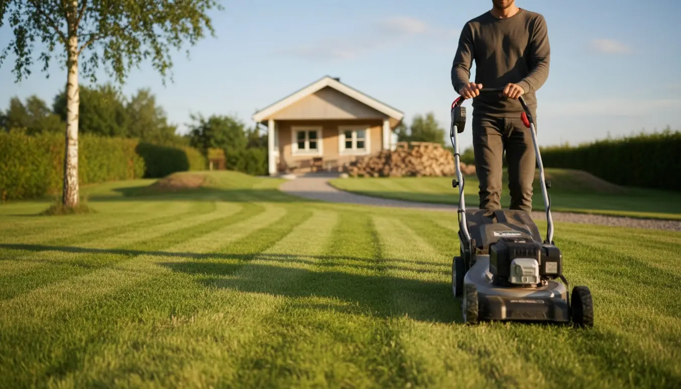 Person klipper plænen ved et træfyldt sommerhus med en moderne græsslåmaskine og synlige snitstriber.