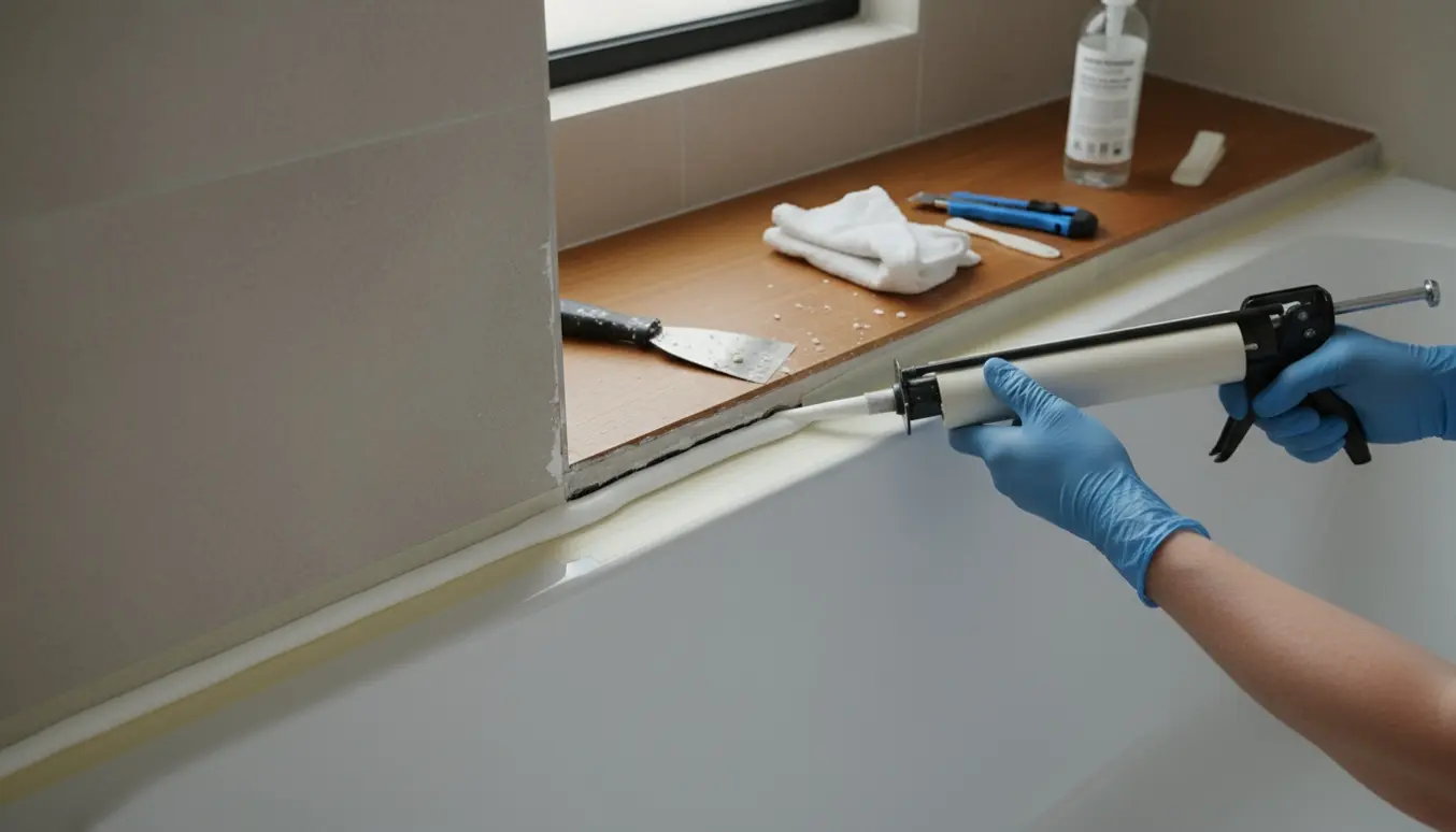 Nærbillede af udskiftning af fuge langs et badekarskant med handsker, fugepistol og maskeringstape.